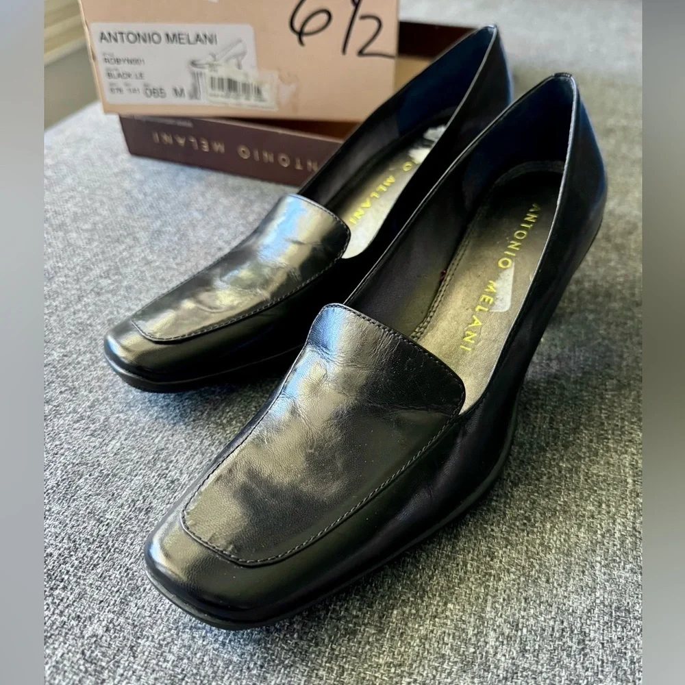 Antonio Melani Women’s Black Leather Kitten Heel Square Toe Pumps Shoes Size 6.5